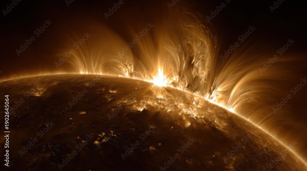 Obraz premium Solar prominence eruption at hot sun surface
