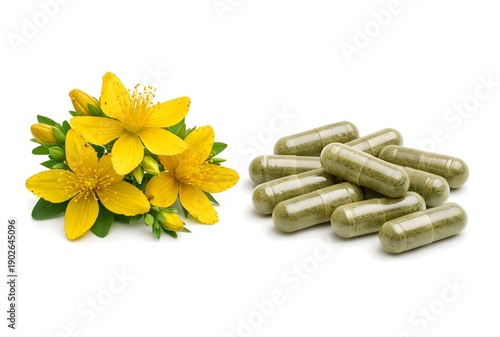 St. John's Wort herbal supplement capsules with fresh yellow St. John's Wort herb flowers on white background 