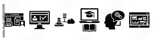 set of minimalist digital online classroom icons. E-learning silhouette vector icon set in black color and white background