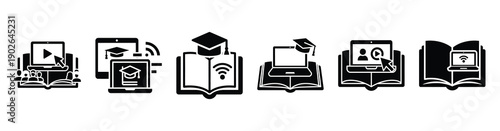 set of minimalist digital online education icons. E-learning silhouette vector icon set in black color and white background