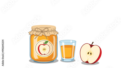 Glass jar of apple jam, a glass of fresh apple juice, and a half-cut red apple on a white background with subtle shadows.