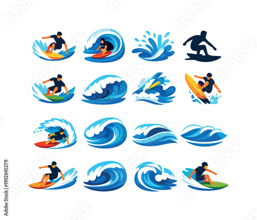 Wave riding. Colorful flat vector icons set of wave riding: carving on wave, tube ride moment, splash trail, surfer silhouette, bottom turn