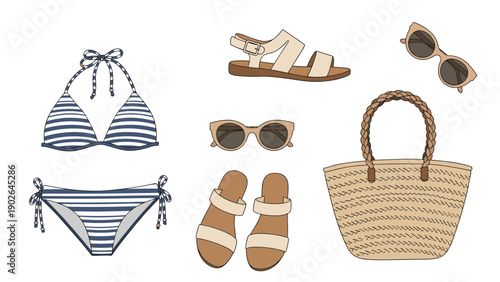 Set of summer accessories featuring a navy striped bikini, straw bag, sunglasses, and stylish sandals in cream and tan colors.