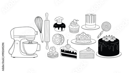 Set of baking and cake-related items including a stand mixer, cakes, cupcakes, rolling pin, and chef hats in black and white.