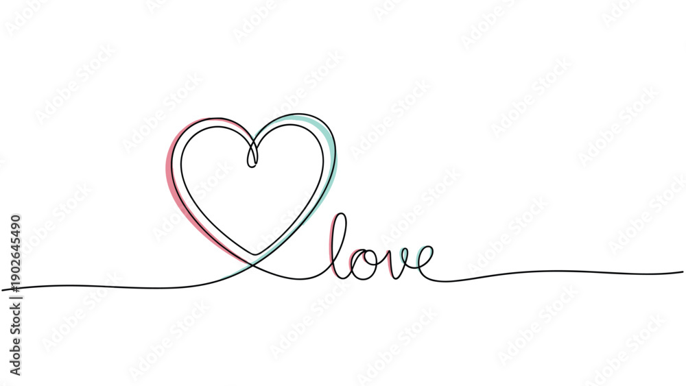 Fototapeta premium Minimalist single line drawing featuring a heart shape that continues into the word love with subtle blue and red color accents.