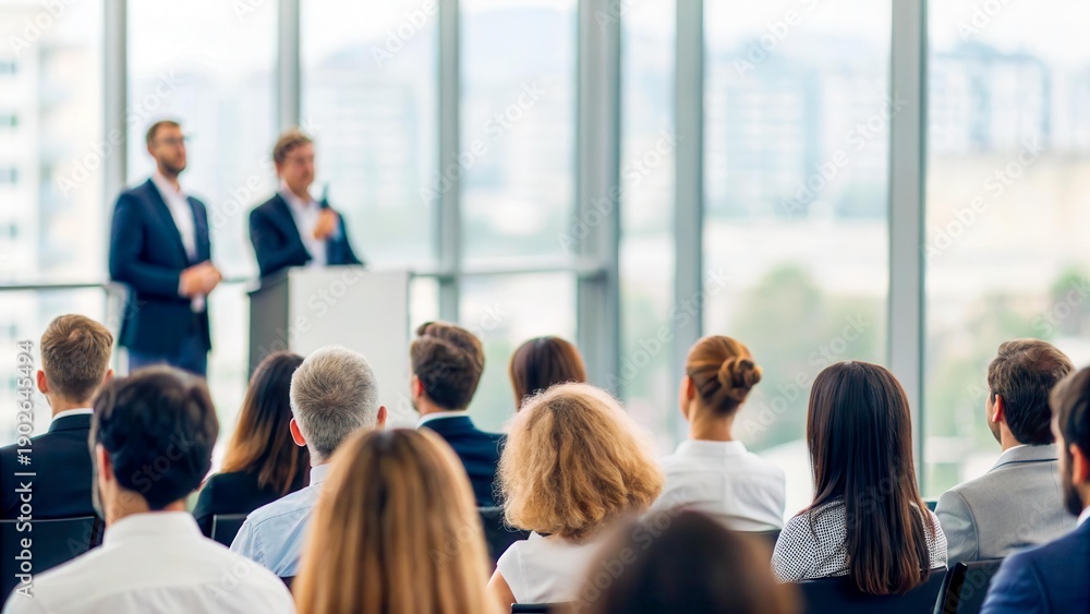 Obraz premium Business conference with diverse audience. Two men in suits speaking at podium. Modern office setting with large windows and city view.