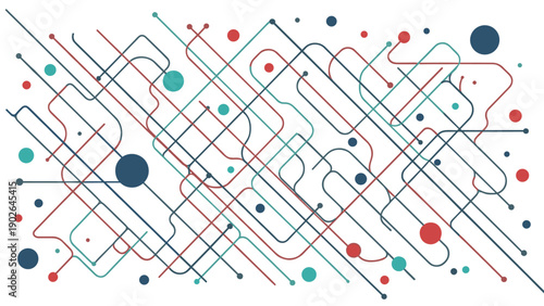 Complex abstract network design featuring intersecting lines and various sized colorful dots representing connectivity and data systems.