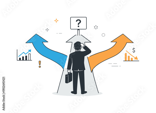 Career uncertainty in fast-changing markets. A simplified editorial scene where a professional stands at a crossroads of role paths and trend