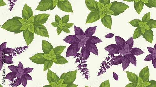 Vibrant seamless pattern showcasing a dense arrangement of fresh green and purple basil leaves and flower sprigs on a light background.