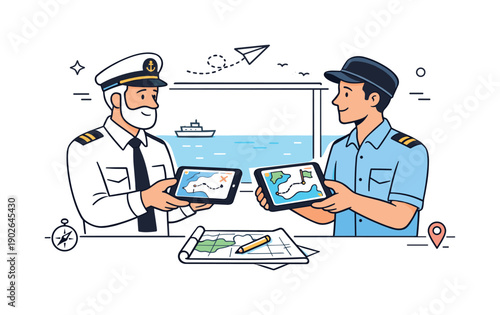 Marine navigation systems planning. A captain and officer exchanging digital charts on tablets near a window with sea view. Calm