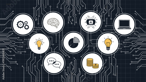 Dynamic business infographic presenting various concepts like AI, data, and finance through icons set against a dark circuit board pattern.