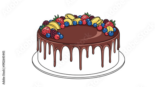 Delicious white frosted cake topped with rich dark chocolate ganache drips and an assortment of fresh berries and macaron halves.