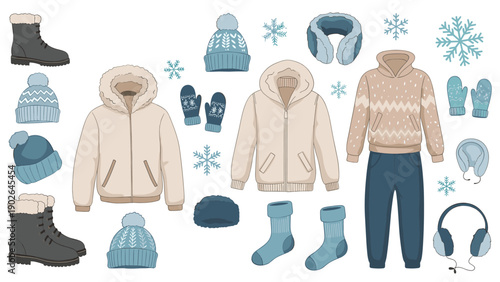 Assorted collection of cozy winter apparel including puffer jackets, knit hats, mittens, boots, and earmuffs in neutral blue and beige tones.