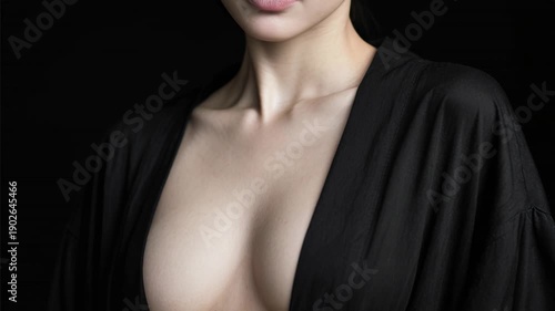 A beautiful woman in an open black robe poses alluringly against a dark background. This elegant shot evokes mystery and refined sensuality.