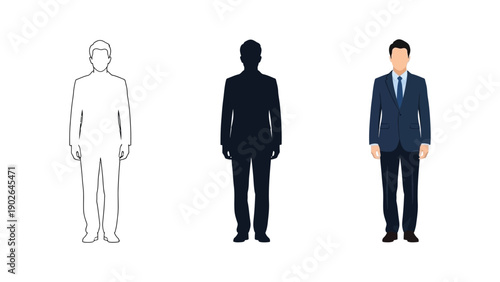 Set of three male business figures outline, silhouette and full color illustration of a businessman in a blue suit