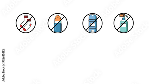 Set of four circular icons with red diagonal lines indicating prohibited items like socks, spray bottles, and personal care products.