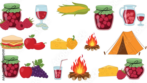 Various picnic and camping elements including jars of jam, fruit, wine, sandwiches, cheese, a campfire, and a cozy orange tent.