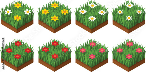 Isometric flower patch illustration with colorful blossoms in white, yellow, red, and pink arranged on grassy soil tiles for modular landscape or game design