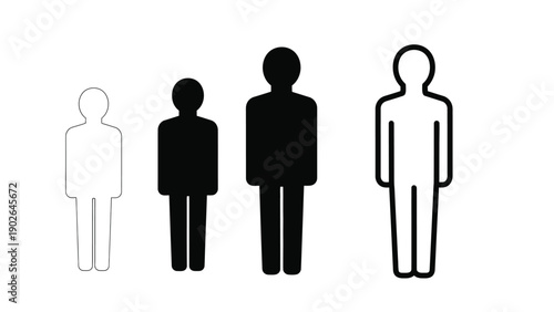 Four stylized human figures showing different sizes and styles outline, solid black silhouette, larger solid black silhouette and outline