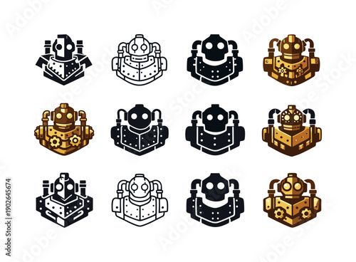 steampunk robots. Icon set. Set Logo of steampunk robots: riveted torso with pipes. harmonious logo variations of the same emblematic