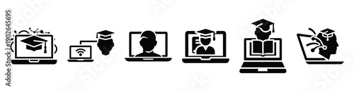set of minimalist digital online virtual icons. E-learning silhouette vector icon set in black color and white background