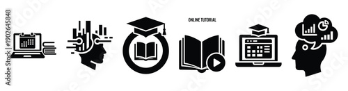set of minimalist digital study progress icons. E-learning silhouette vector icon set in black color and white background