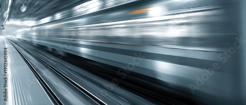 High-speed train moving fast on the track in blue tones with motion blur effect showcasing modern design and minimalist style