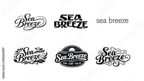 Diverse Lettering Artworks. Sea breeze script. Set lettering. harmonious lettering variations of the same emblematic concept, each with different artistic