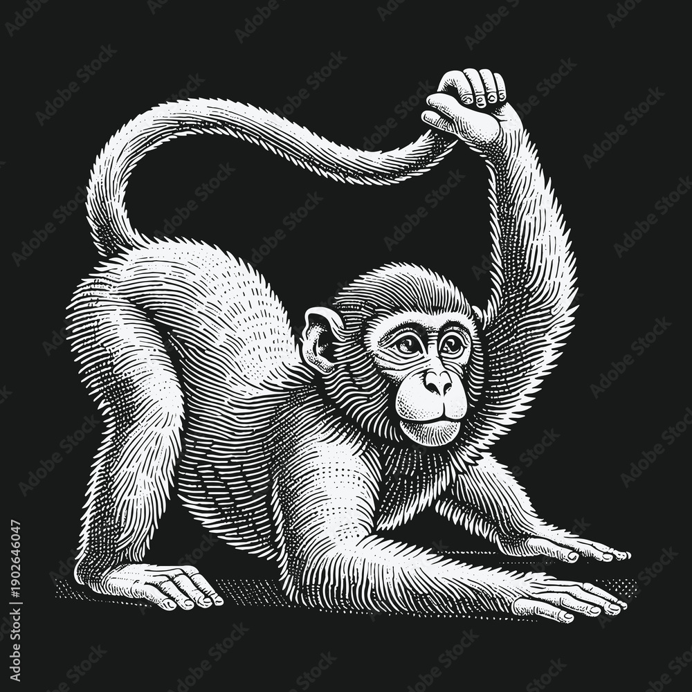 Fototapeta premium Engraved Monkey Illustration: A Detailed Vintage Style Drawing.