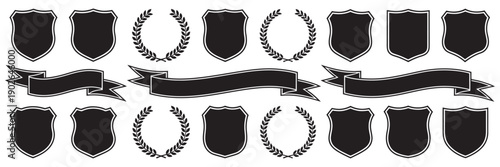 Shield Laurel wreath Ribbon icon set, collection of logo elements, ribbons laurel chaplet shield symbols award icons, emblem heraldry vector graphics