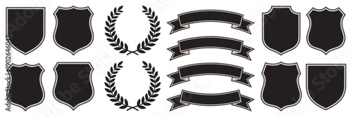 Shield Laurel wreath Ribbon icon set, logo elements ribbons shield symbols laurel chaplet emblem design, award icons achievement decorative vector, heraldic