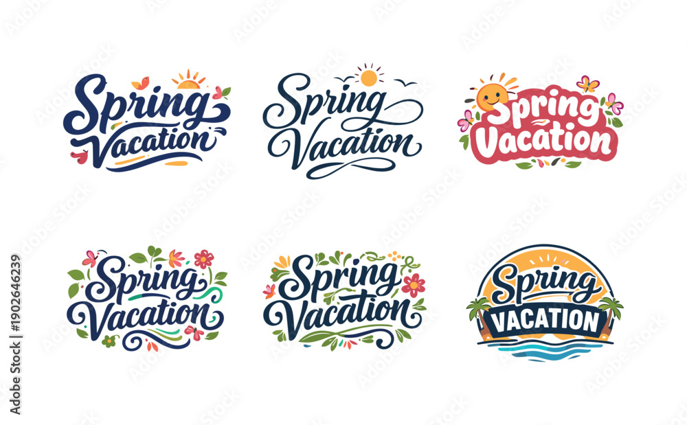 Obraz premium Spring vacation. Set lettering. harmonious lettering variations of the same emblematic concept, each with different artistic interpretation