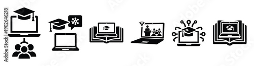 set of minimalist digital virtual education icons. E-learning silhouette vector icon set in black color and white background