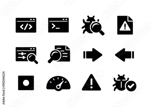Developer Tools Icons. Debugging code on screen. Solid icon set of developer tools: code editor, terminal console, debugger icon, error log, variable