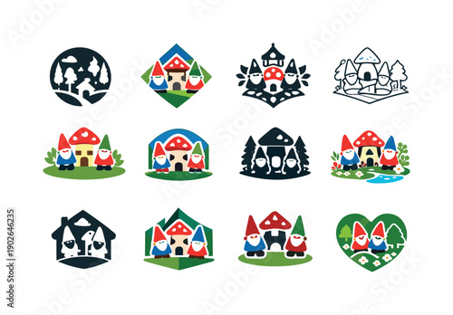 Garden Gnome Icons. Decorating outdoor spaces with garden gnomes and figurines. Icon set. Set Logo of Decorating outdoor spaces with garden gnomes