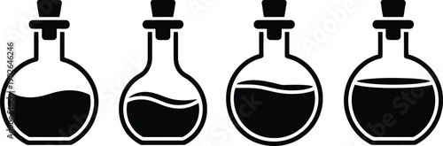 Four black silhouette bottles with cork stoppers are partially filled with a dark liquid