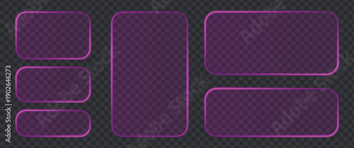 Liquid glass smartphone icon interface isolated for dark theme. White ui light frame square and circle banner with glow stroke. Control center widget for smartphone vector