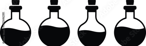 Four black silhouette potion bottles with corks are partially filled with liquid on a clean white background