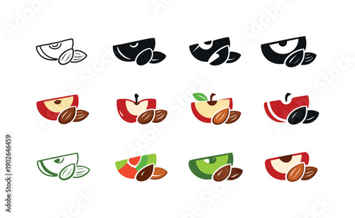 Healthy Snack Icons. Healthy snacks. Icon set. Set Logo of Healthy snacks: apple slices and almonds. harmonious logo variations of the same emblematic concept,
