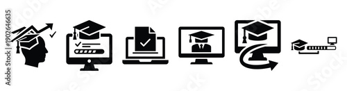 set of minimalist e learning platform icons. E-learning silhouette vector icon set in black color and white background