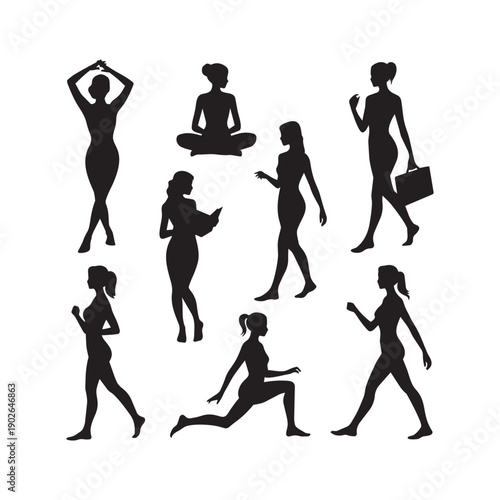 Woman silhouette set vector illustration, various poses for fitness and lifestyle activities