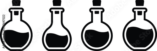 Four identical black outline science flask icons with dark liquid and a cork stopper
