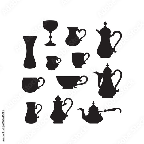 Traditional arabian coffee pots and various ceramic tea cup shapes silhouettes