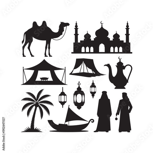 Arabic culture elements and middle eastern architecture symbols icons collection