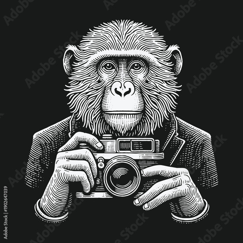 Monkey photographer in suit capturing moments with vintage camera.