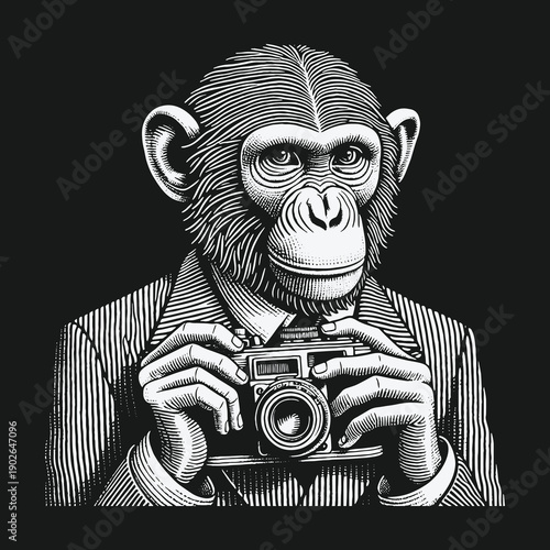 Chimpanzee Photographer in Suit: A Detailed Black and White Illustration.