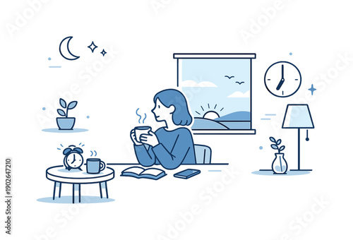 Cold morning atmosphere. Minimal interior elements bathed in cool dawn light, with shadows gently fading into empty space. The illustration