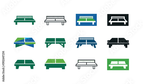 Table Tennis Iconography. Table tennis. Icon set. Set Logo of Table tennis: table with net. harmonious logo variations of the same emblematic concept, each