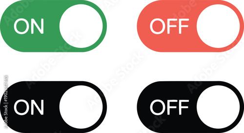 Four modern toggle switch icons displaying ON and OFF states in green, red, and black colors