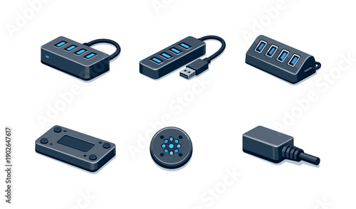 USB hub splitter. Isometric flat vector icons set of USB hub splitter: desktop USB hub, portable USB splitter, USB hub with angled ports, USB